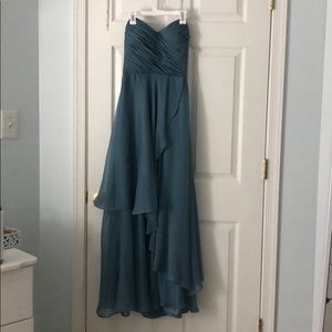 Gray/blue full length strapless gown